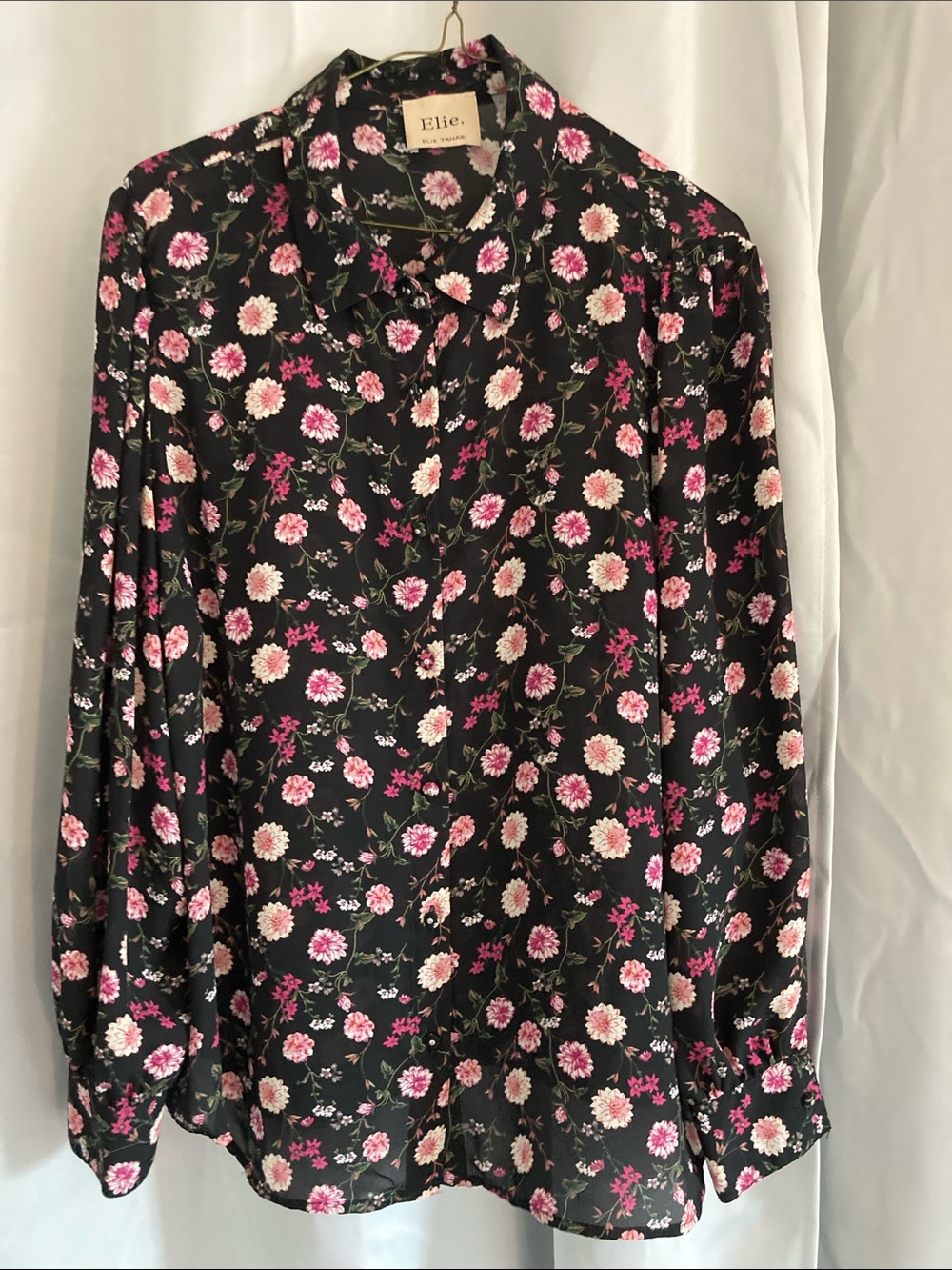 Elie Tahari Black Button-Down Blouse with Pink Floral Print